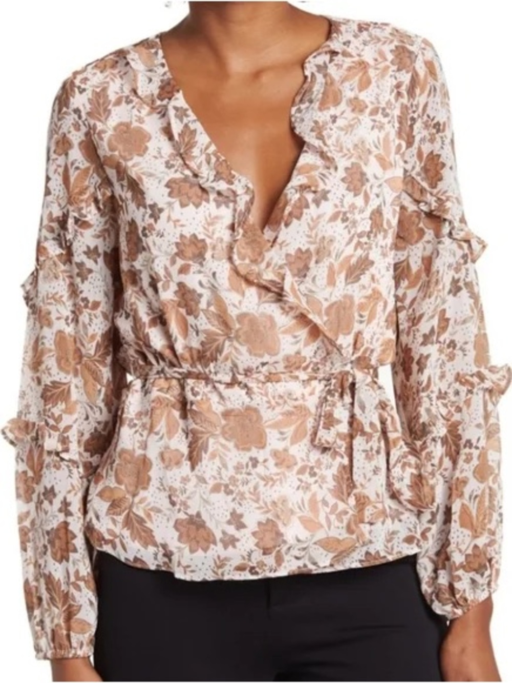 CeCe Cream and Brown Floral Ruffle Wrap Blouse